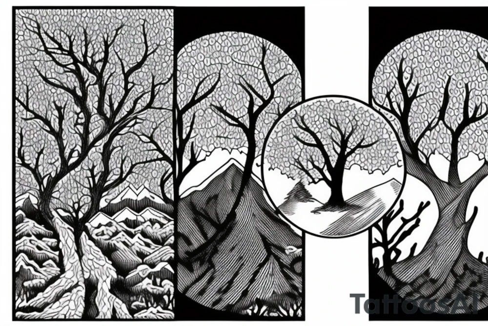 Forest trees with mountains and stream symmetrical tattoo idea