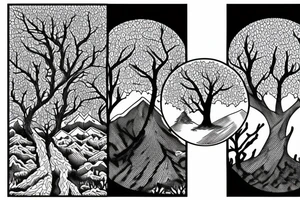 Forest trees with mountains and stream symmetrical tattoo idea
