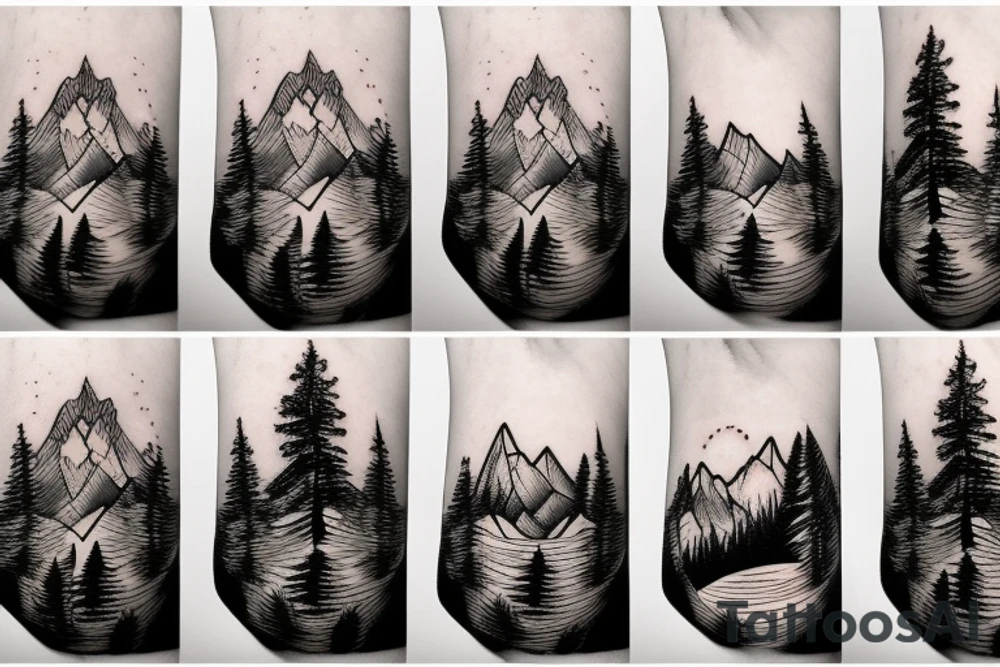 Forest trees with mountains and stream symmetrical tattoo idea Forest trees with mountains and stream symmetrical tattoo idea