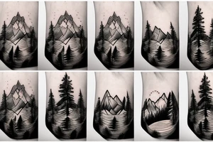 Forest trees with mountains and stream symmetrical tattoo idea