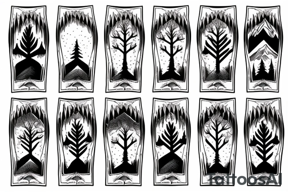 Forest trees with mountains and stream symmetrical tattoo idea Forest trees with mountains and stream symmetrical tattoo idea