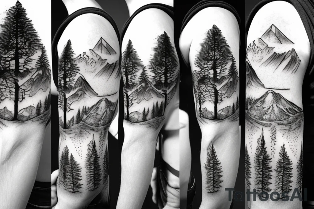 Forest trees with mountains and stream symmetrical tattoo idea Forest trees with mountains and stream symmetrical tattoo idea
