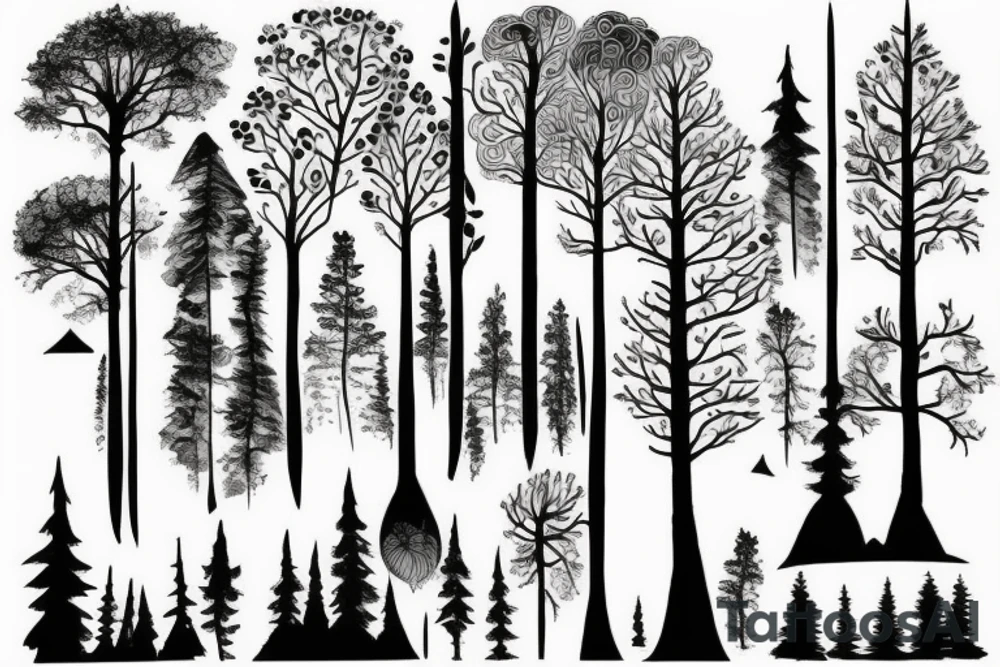 Forest trees with mountains and stream symmetrical tattoo idea Forest trees with mountains and stream symmetrical tattoo idea