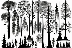 Forest trees with mountains and stream symmetrical tattoo idea
