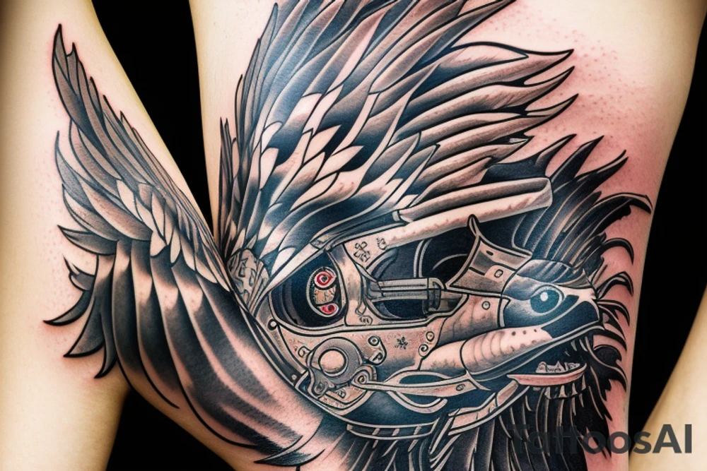 Eagle with a fish and cyborg chrome helmet tattoo idea