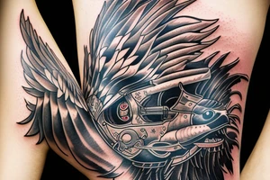 Eagle with a fish and cyborg chrome helmet tattoo idea