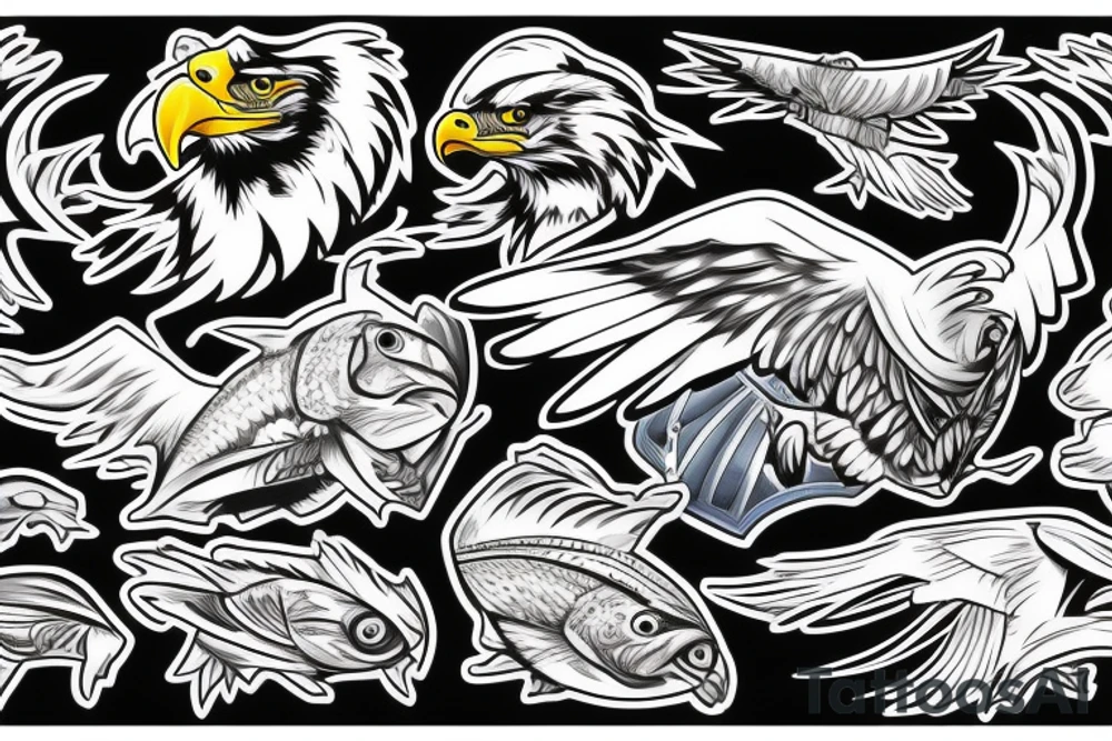 Eagle with a fish and cyborg chrome helmet tattoo idea