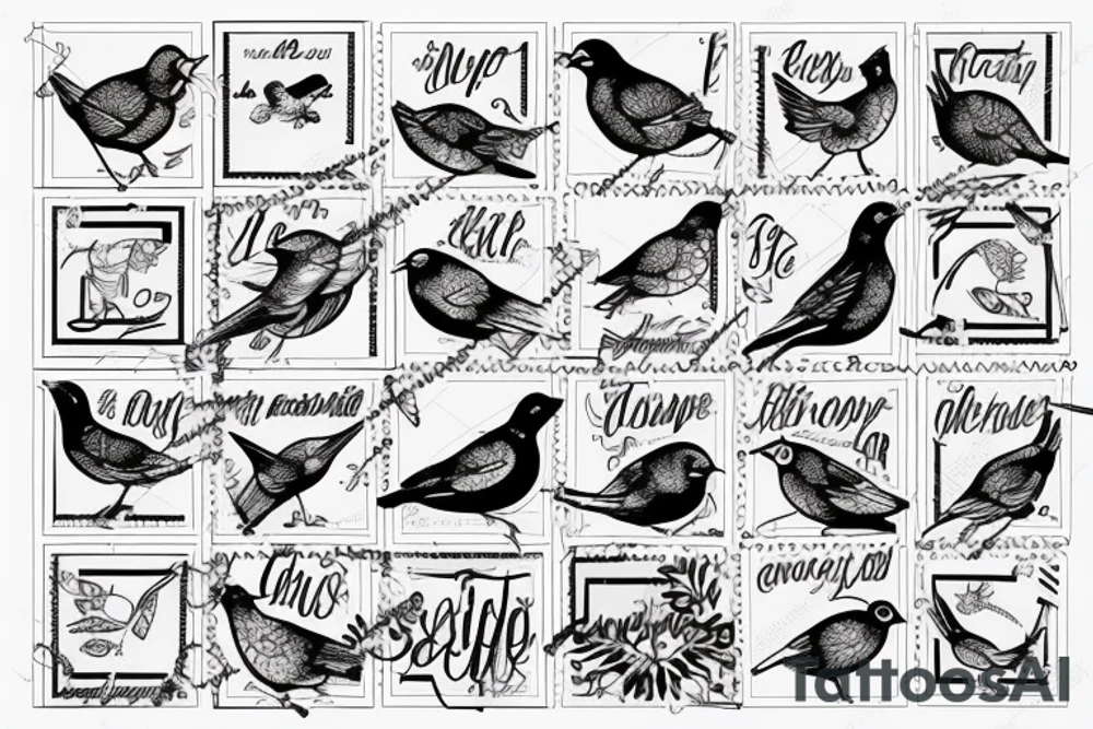 Chubby bird on postage stamp tattoo idea