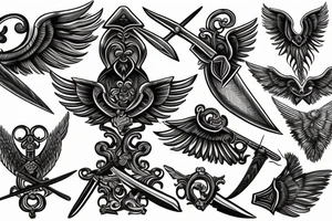 Back tattoo
 sword blade pointing down wings on the handel tattoo idea