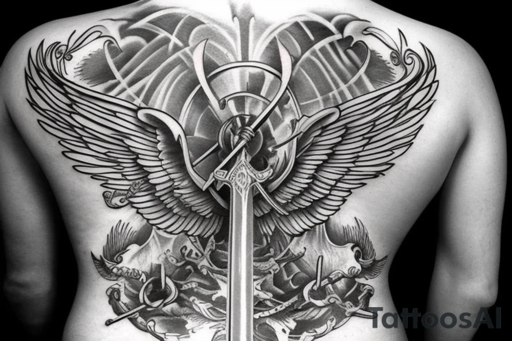 Back tattoo
 sword blade pointing down wings on the handel tattoo idea