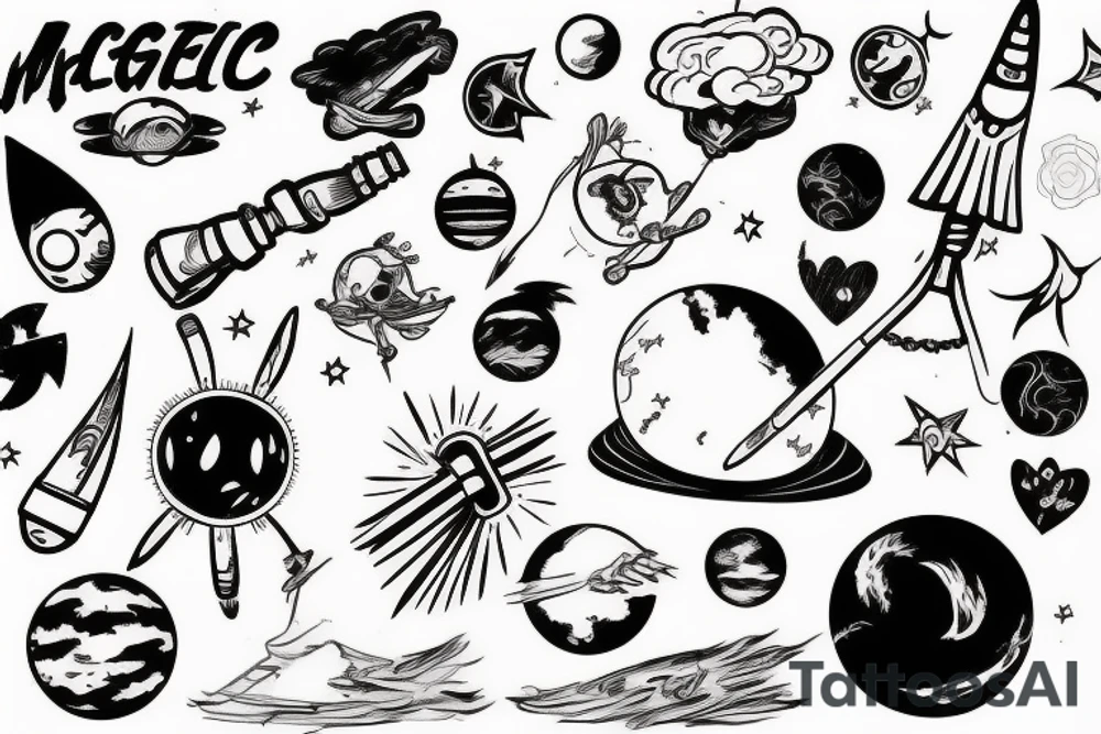 astronaut on magic broom drawing tattoo idea