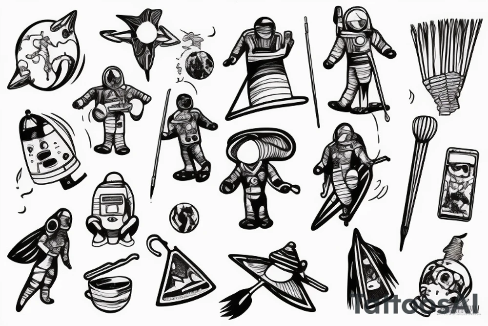 astronaut on magic broom drawing tattoo idea