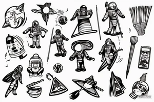 astronaut on magic broom drawing tattoo idea