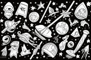 astronaut on a magic broom tattoo idea