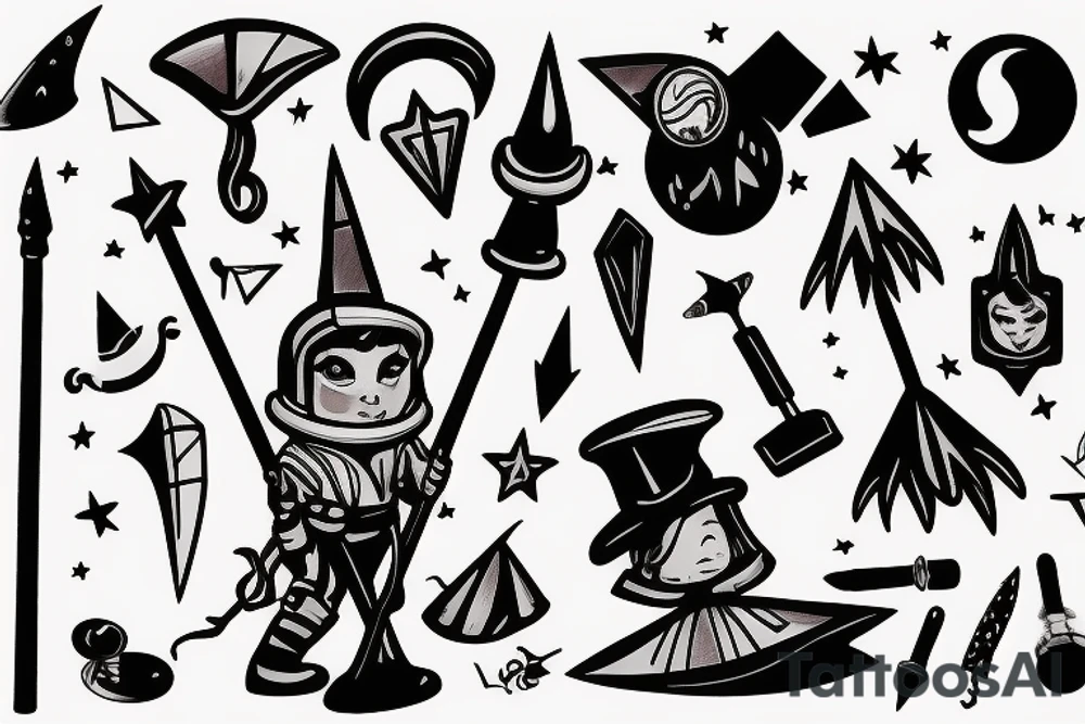 astronaut on a magic broom wearing a pointed hat tattoo idea