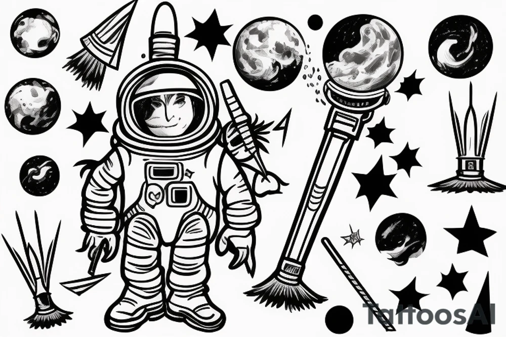 An astronaut wearing a pointed hat flying on a magic broom. tattoo idea