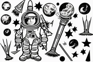 An astronaut wearing a pointed hat flying on a magic broom. tattoo idea