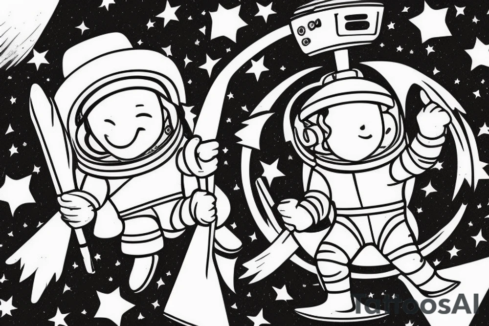 An astronaut wearing a pointed hat flying on a magic broom. tattoo idea