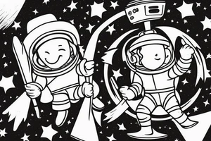 An astronaut wearing a pointed hat flying on a magic broom. tattoo idea