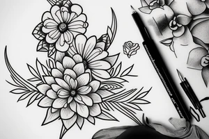 Flower sketch tattoo with hidden One Piece designs tattoo idea