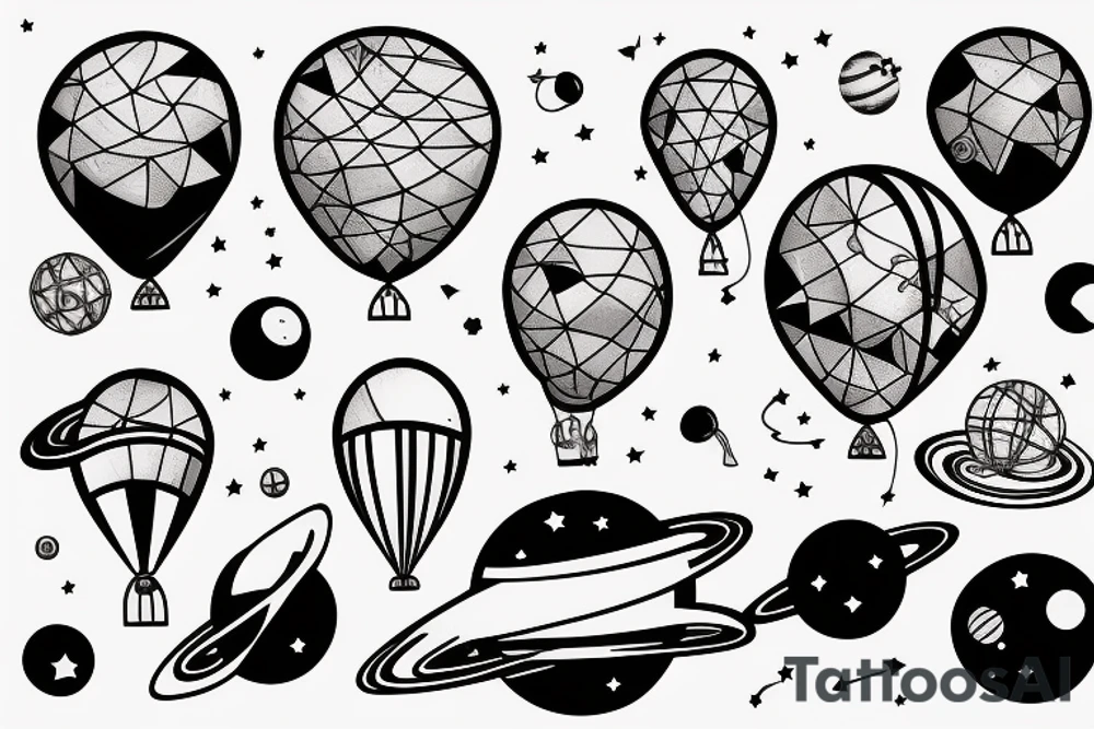 Astronaut floating in space with balloons in their hand and planets behind them tattoo idea