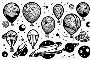 Astronaut floating in space with balloons in their hand and planets behind them tattoo idea