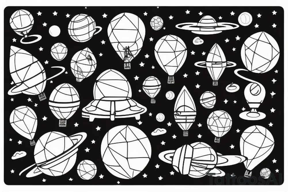 Astronaut floating in space with balloons in their hand and planets behind them tattoo idea
