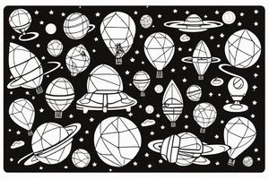 Astronaut floating in space with balloons in their hand and planets behind them tattoo idea