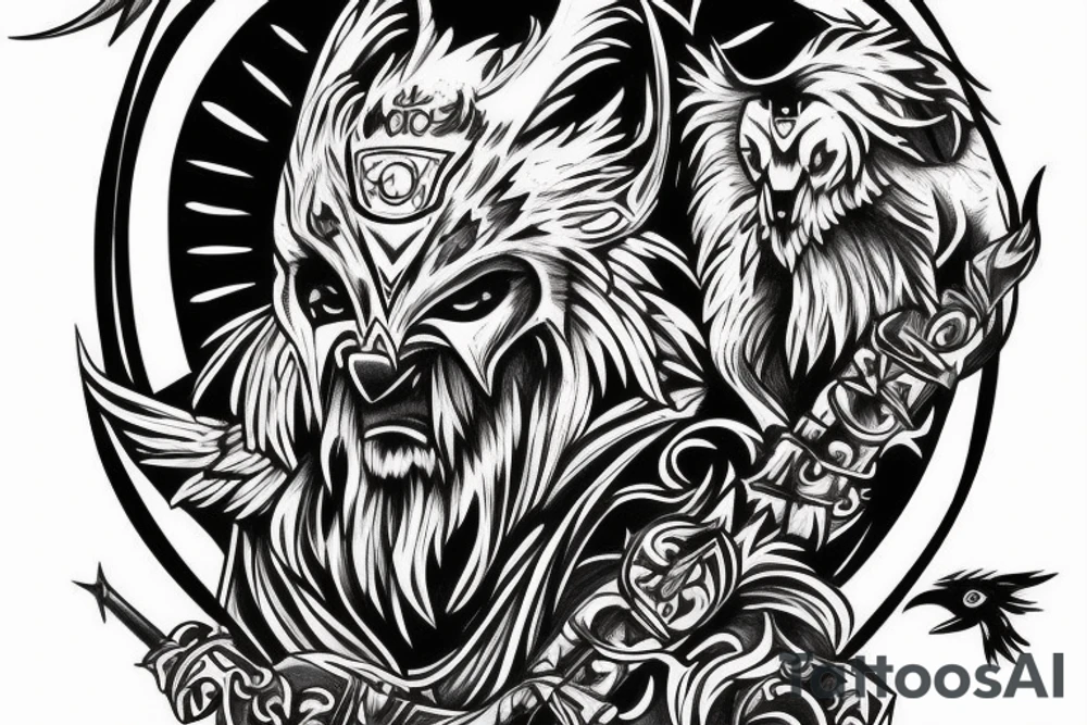 Odin with a hood, wolves, and crows tattoo idea
