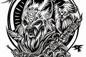 Odin with a hood, wolves, and crows tattoo idea
