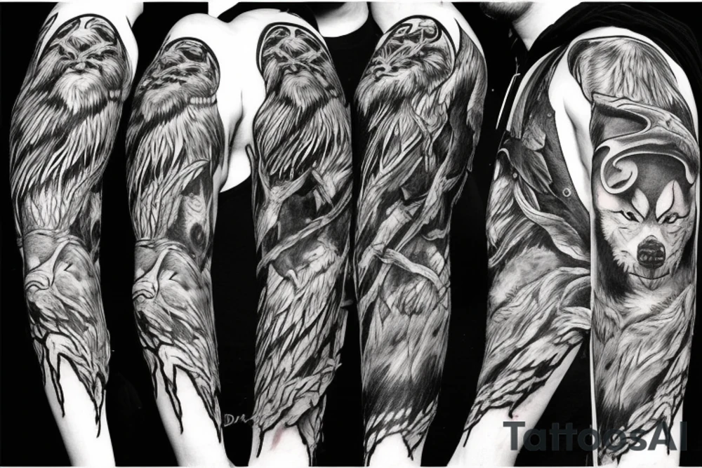 Odin with a hood, wolves, and crows tattoo idea