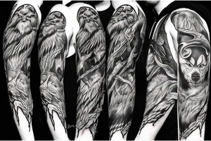 Odin with a hood, wolves, and crows tattoo idea