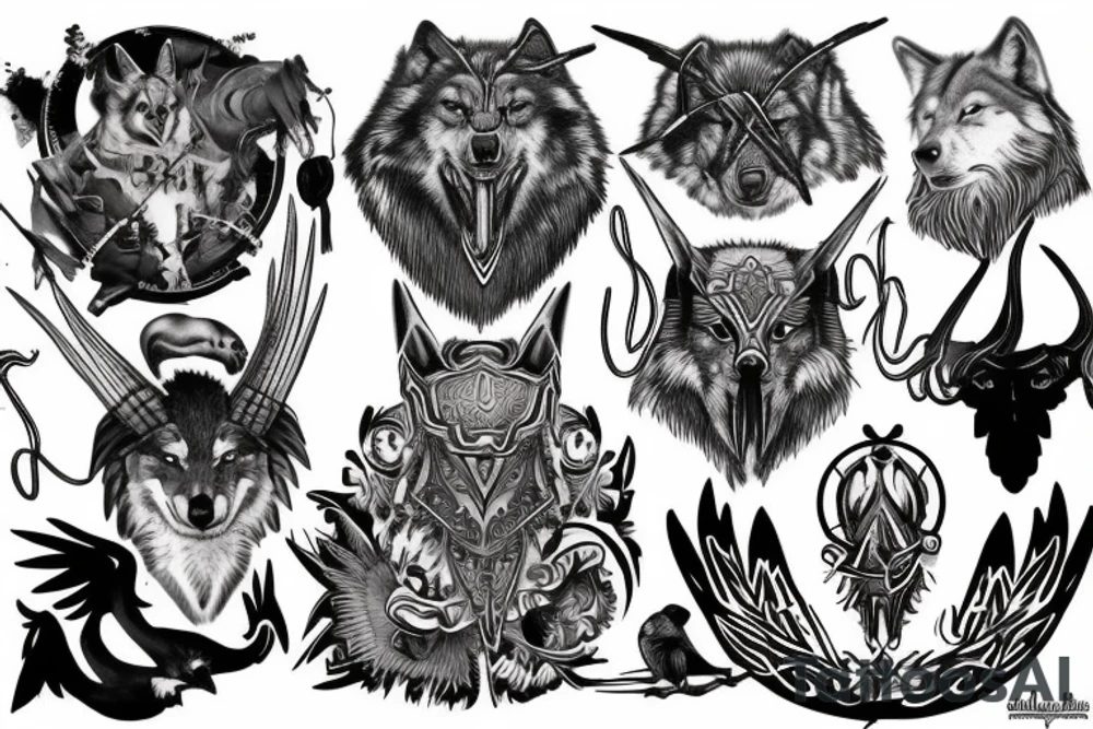 Shoulder piece with Odin , wolves, and crows tattoo idea