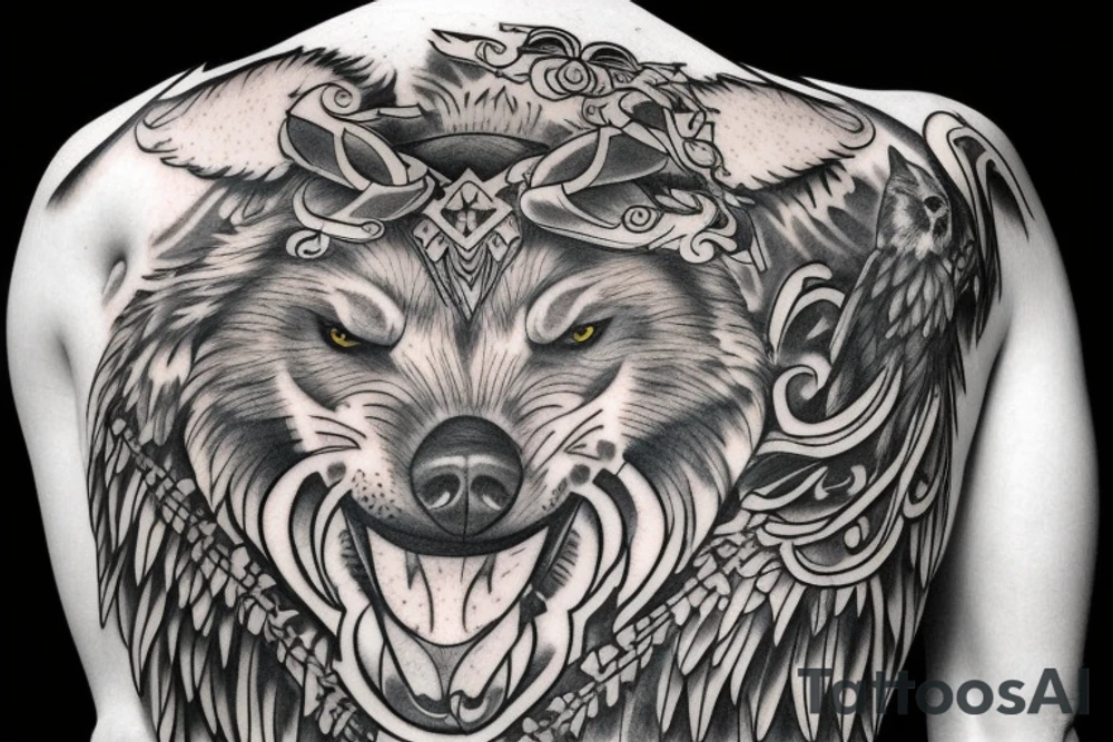 Shoulder piece with Odin , wolves, and crows tattoo idea