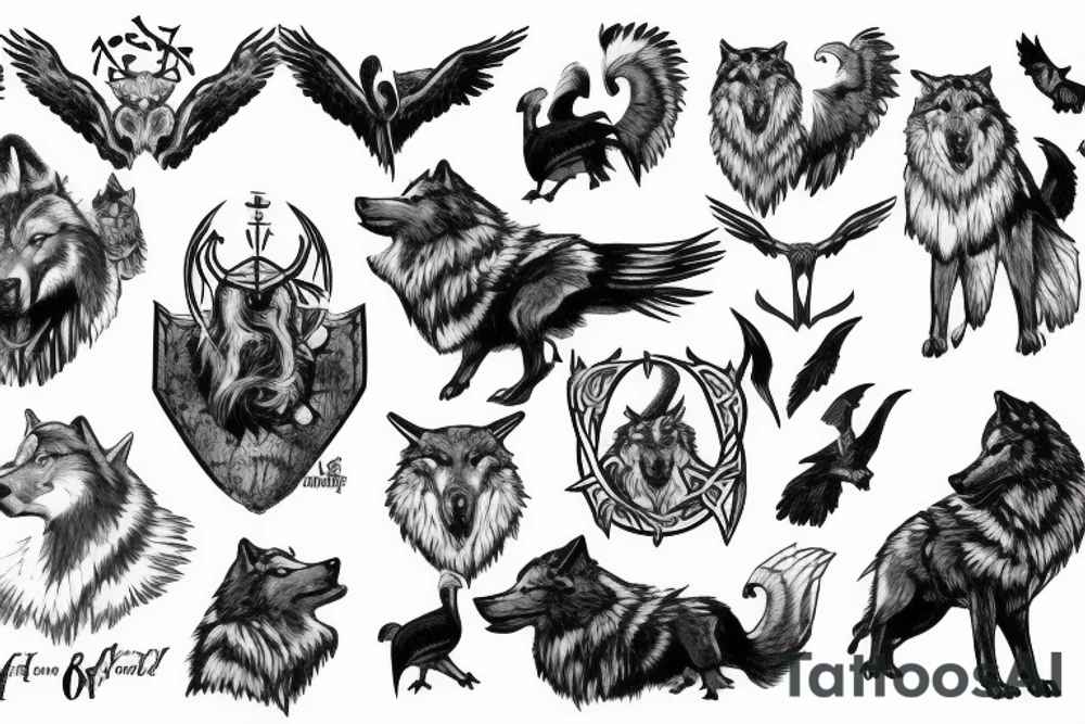 Odin the all father, with wolves surrounding him, and 2 crows in the air tattoo idea