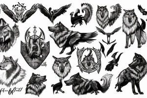 Odin the all father, with wolves surrounding him, and 2 crows in the air tattoo idea