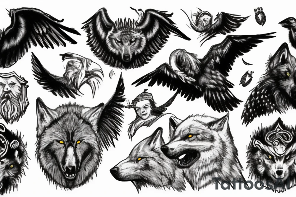 Odin the all father, with wolves surrounding him, and 2 crows in the air tattoo idea