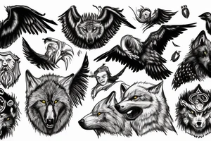Odin the all father, with wolves surrounding him, and 2 crows in the air tattoo idea