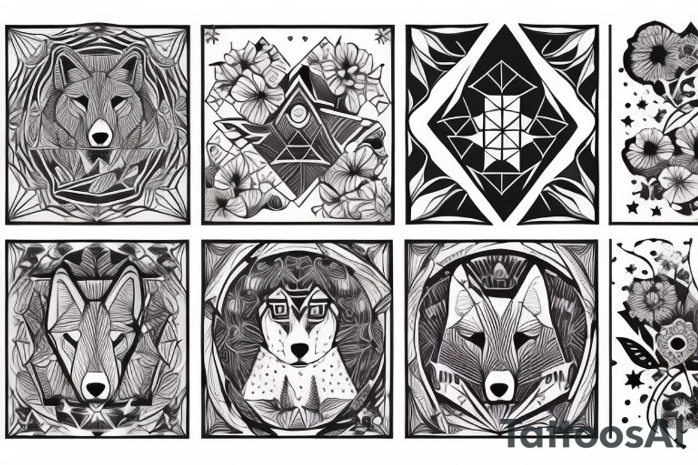 Wolf with flowers, mountains and stars tattoo idea