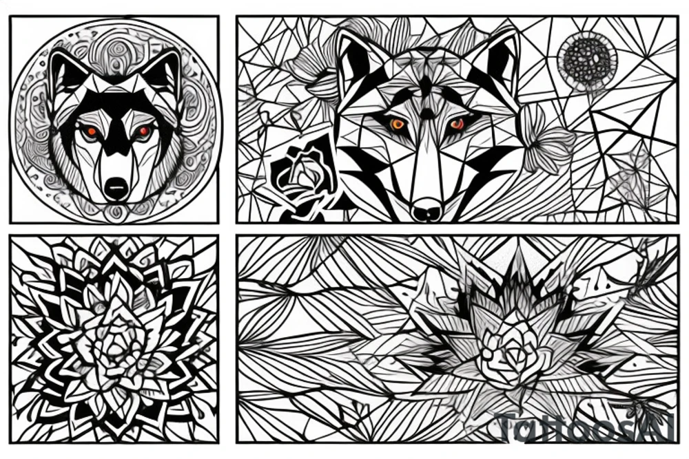 Wolf with flowers, mountains and stars tattoo idea