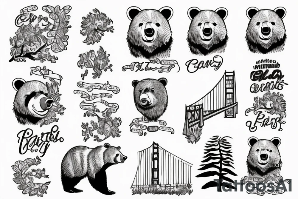 California bear with trees and golden gate Bridge tattoo idea