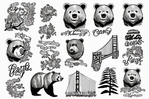 California bear with trees and golden gate Bridge tattoo idea