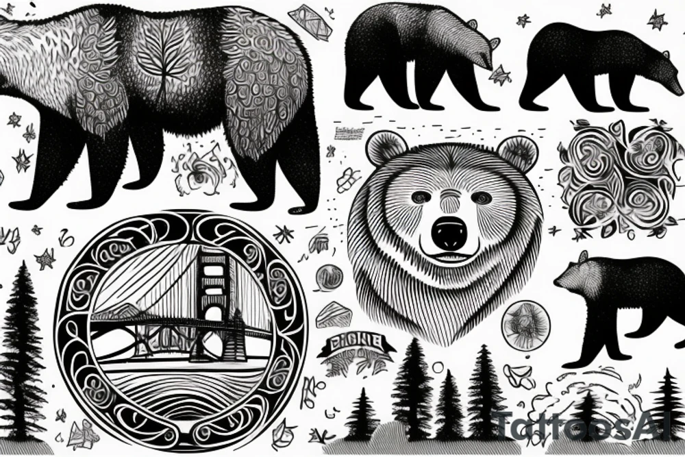 California bear with trees and golden gate Bridge tattoo idea