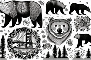 California bear with trees and golden gate Bridge tattoo idea