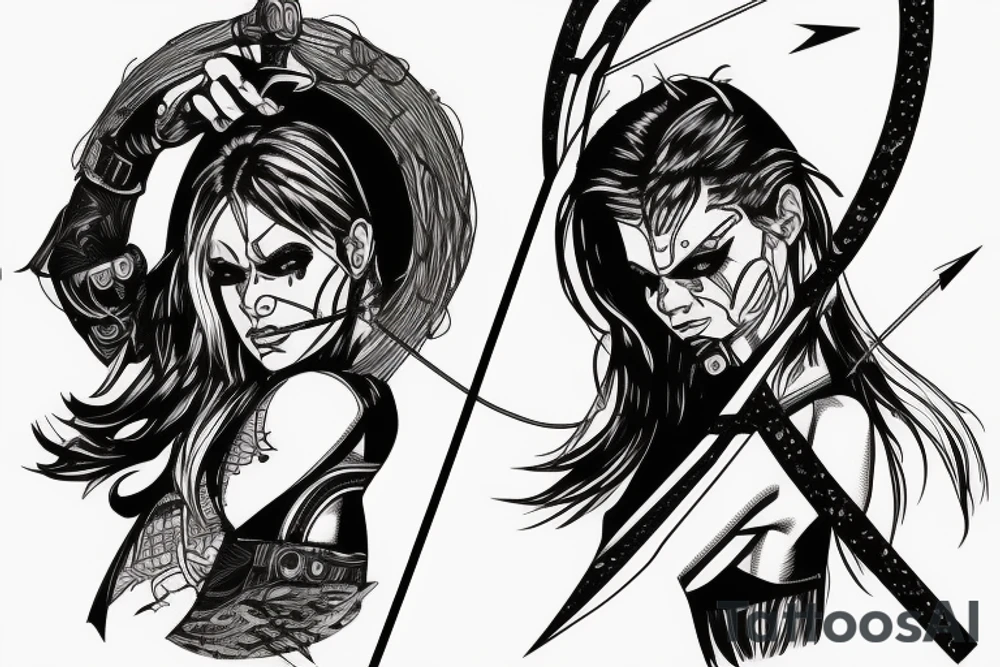 Cyberpunk character bow arrow electronic tattoo idea