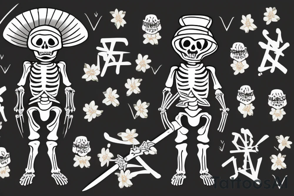 Skeleton in flower Pyjamas with a Vietnamese hat in a fighting position with katana sword in hand tattoo idea