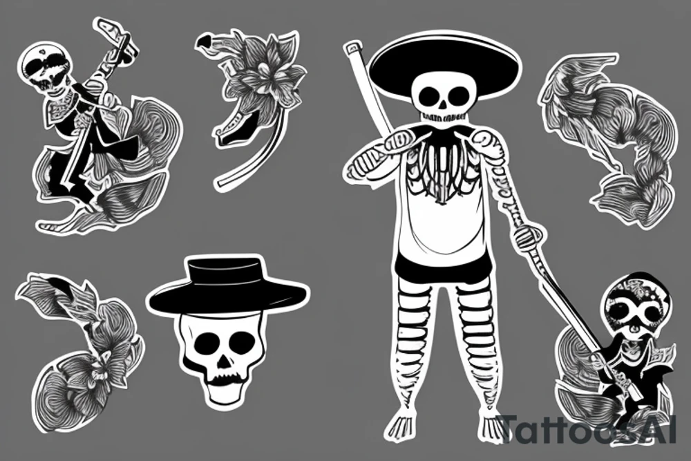 Skeleton in flower Pyjamas with a Vietnamese hat in a fighting position with katana sword in hand tattoo idea