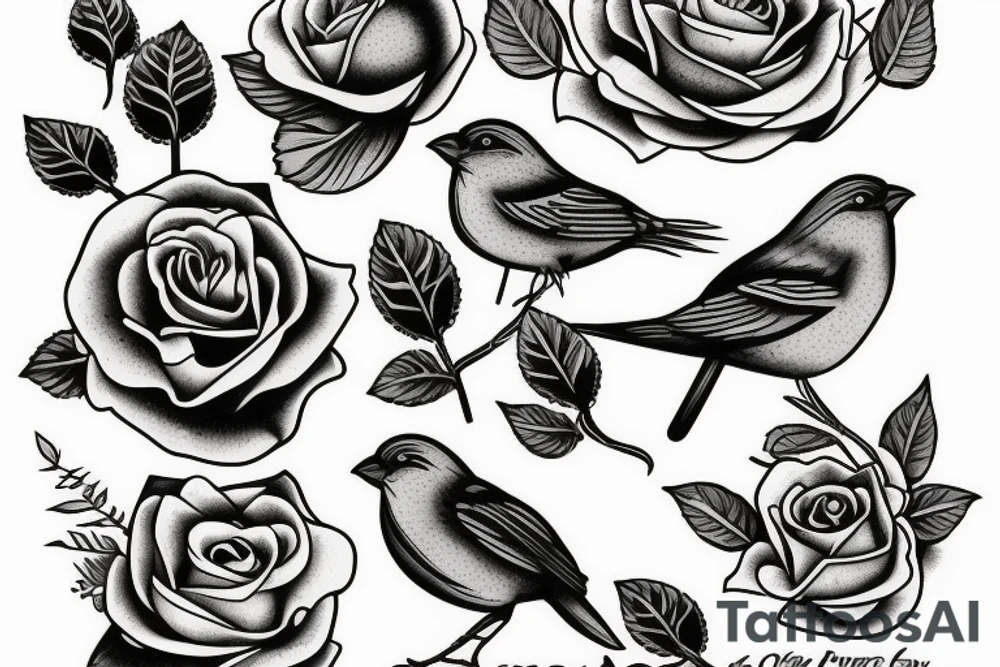 Rose with a sparrow and a banner tattoo idea