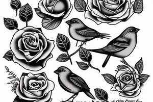 Rose with a sparrow and a banner tattoo idea