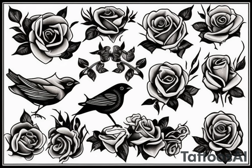 Rose with a sparrow and a banner tattoo idea